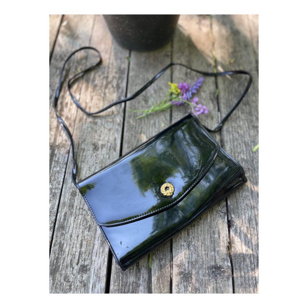 Vintage Cabrelli Black Patent Leather Shoulder Bag Purse Thin Strap Gold Snap 9"